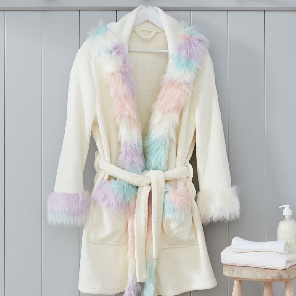 Pottery Barn Teen Cream Fuzzy Robe with Pastel Trim (Pink, Blue, Purple)